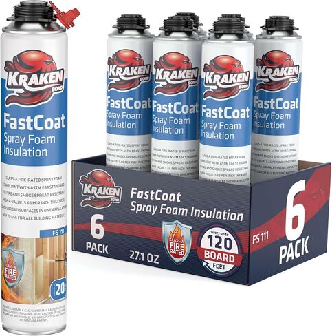 طقم عزل رغوي للرذاذ مقاوم للحريق من Kraken Bond Fastcoat - (48 × 27.1 أونصة.) (قيمة R 11.32 / 2 بوصة) رغوة توسيع الخلايا المغلقة - عزل حراري وصوتي، متضمن مسدس ومنظف، 960 قدمًا 48 حزمة in Kuwait