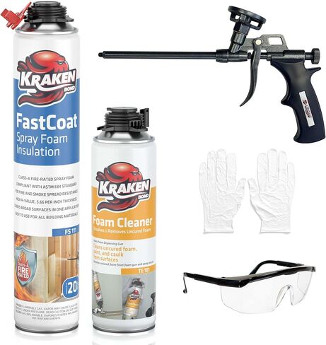 طقم عزل رغوي للرذاذ مقاوم للحريق من Kraken Bond Fastcoat - (48 × 27.1 أونصة.) (قيمة R 11.32 / 2 بوصة) رغوة توسيع الخلايا المغلقة - عزل حراري وصوتي، متضمن مسدس ومنظف، 960 قدمًا 48 حزمة in Kuwait