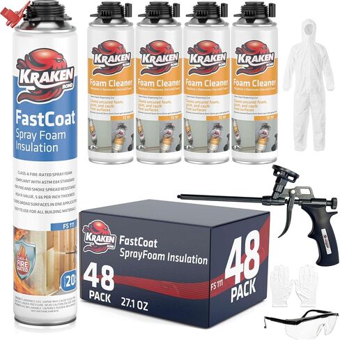 طقم عزل رغوي للرذاذ مقاوم للحريق من Kraken Bond Fastcoat - (48 × 27.1 أونصة.) (قيمة R 11.32 / 2 بوصة) رغوة توسيع الخلايا المغلقة - عزل حراري وصوتي، متضمن مسدس ومنظف، 960 قدمًا 48 حزمة in Kuwait