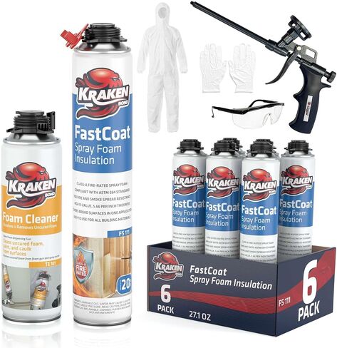 طقم عزل رغوي للرذاذ مقاوم للحريق من Kraken Bond Fastcoat - (48 × 27.1 أونصة.) (قيمة R 11.32 / 2 بوصة) رغوة توسيع الخلايا المغلقة - عزل حراري وصوتي، متضمن مسدس ومنظف، 960 قدمًا 48 حزمة in Kuwait