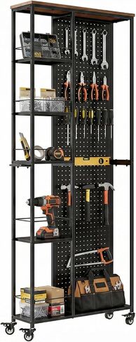 Rolling Garage Storage Shelves, Narrow Tool Storage Organizer for Broom Storage, Power Tool Organizer Shelf with Pegboard & 5-Tier Metal Shelving for Kitchen, Laundry, Craft Room in Saudi Arabia