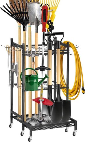 Garden Tool Organizer Rack with Wheels Up to 30-35 Tools, Heavy-Duty Steel Yard Tool Organizer for Garage Storage with 11 Hooks, Broom Holder & Garden Tool Rack for Shed, Patio, Lawn, Outdoor, Black in Saudi Arabia