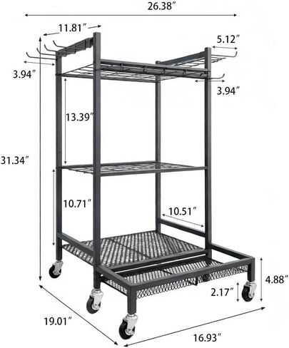 Garden Tool Organizer Rack with Wheels Up to 30-35 Tools, Heavy-Duty Steel Yard Tool Organizer for Garage Storage with 11 Hooks, Broom Holder & Garden Tool Rack for Shed, Patio, Lawn, Outdoor, Black in Saudi Arabia