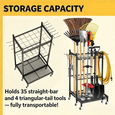 Garden Tool Organizer Rack with Wheels Up to 30-35 Tools, Heavy-Duty Steel Yard Tool Organizer for Garage Storage with 11 Hooks, Broom Holder & Garden Tool Rack for Shed, Patio, Lawn, Outdoor, Black in Saudi Arabia