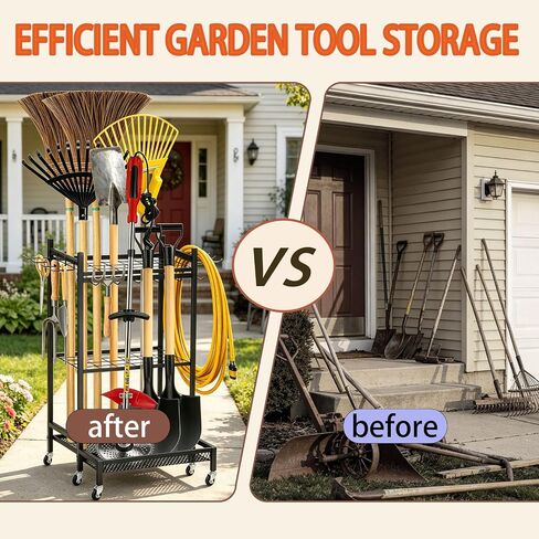 Garden Tool Organizer Rack with Wheels Up to 30-35 Tools, Heavy-Duty Steel Yard Tool Organizer for Garage Storage with 11 Hooks, Broom Holder & Garden Tool Rack for Shed, Patio, Lawn, Outdoor, Black in Saudi Arabia