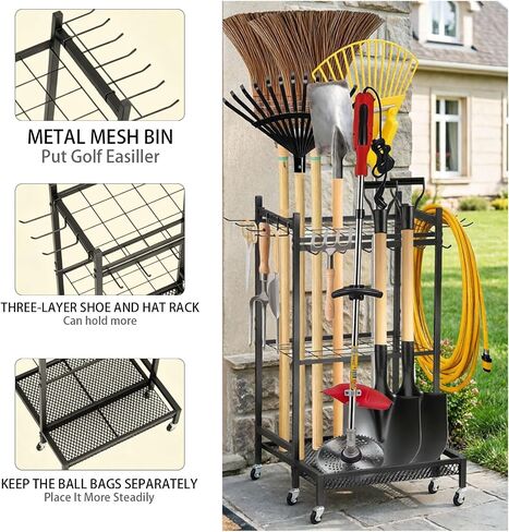 Garden Tool Organizer Rack with Wheels Up to 30-35 Tools, Heavy-Duty Steel Yard Tool Organizer for Garage Storage with 11 Hooks, Broom Holder & Garden Tool Rack for Shed, Patio, Lawn, Outdoor, Black in Saudi Arabia