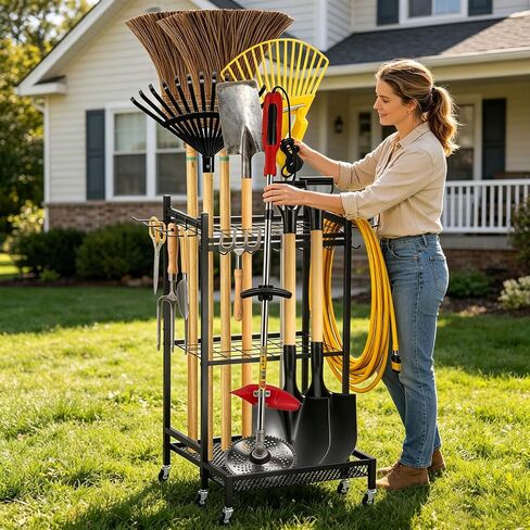 Garden Tool Organizer Rack with Wheels Up to 30-35 Tools, Heavy-Duty Steel Yard Tool Organizer for Garage Storage with 11 Hooks, Broom Holder & Garden Tool Rack for Shed, Patio, Lawn, Outdoor, Black in Saudi Arabia