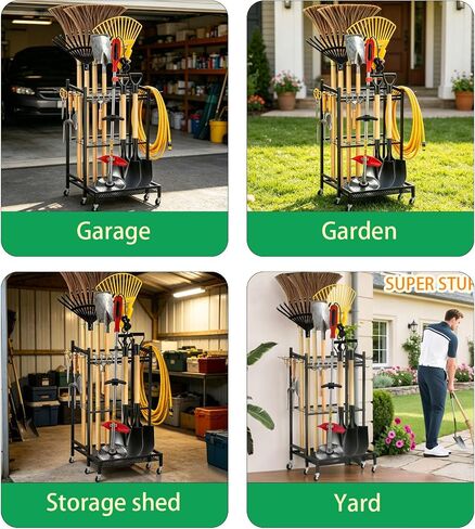 Garden Tool Organizer Rack with Wheels Up to 30-35 Tools, Heavy-Duty Steel Yard Tool Organizer for Garage Storage with 11 Hooks, Broom Holder & Garden Tool Rack for Shed, Patio, Lawn, Outdoor, Black in Saudi Arabia