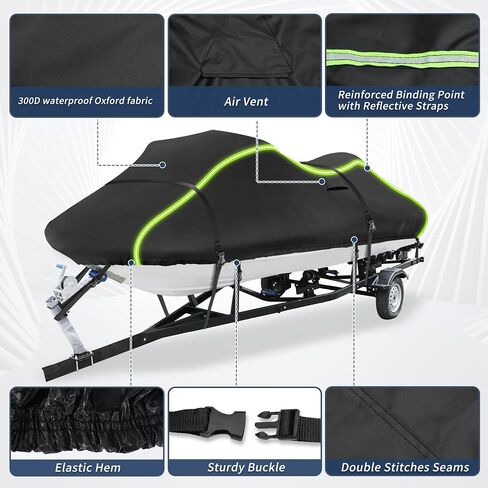X AUTOHAUX for Jet Ski Cover Fits 103"-115"(3 Seater), 300D Duty Oxford AntiUV Waterproof Trailerable PWC Cover Fit for Yamaha for SeaDoo for Kawasaki Models W/ 2 Air Vent and 10 Straps Black in Kuwait