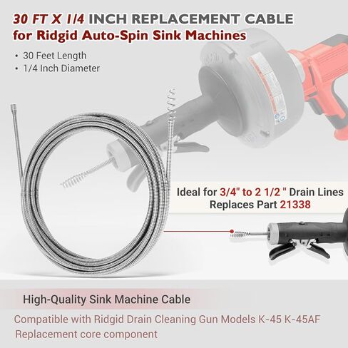 كابل ثعبان الصرف البديل متوافق مع Ridgid K-45 وK-45AF أوجيرز الصرف التلقائي، 21338 كابل داخلي أساسي، 30 قدم × 1/4 بوصة in Kuwait