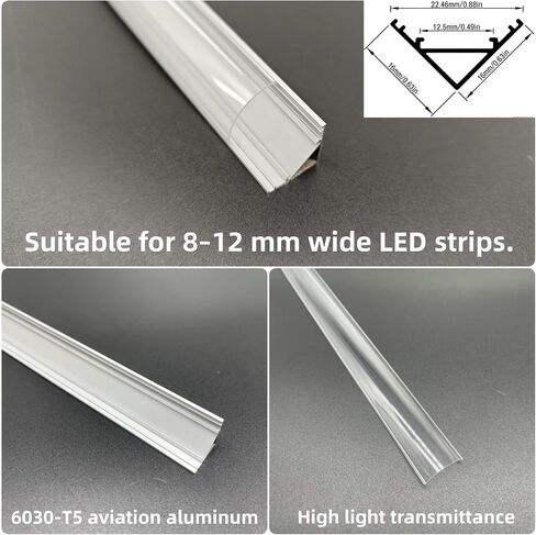 10pcs1.64ft/0.5mV-type LED Light Channel, Clear PC cover, Fits 12mm Wide Strips | 1.64ft LED Channel, Clear Light-transmitting PC Cover, Fits 8-12mm Wide 2835/5050/5630 LED Strips in Kuwait