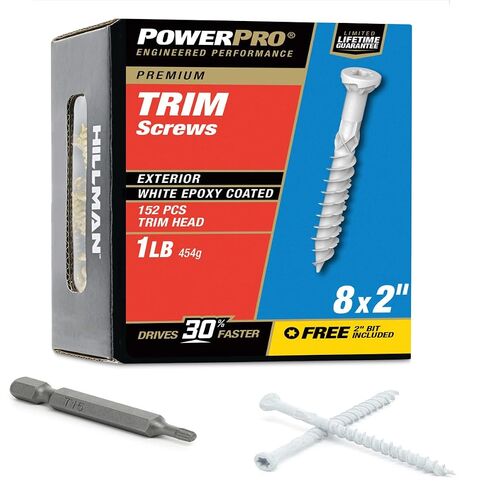 Power Pro Premium Exterior White Trim Screws (#8 x 2 inch) | Star Drive Small Trim Head Wood Screws | Coated Rust Resistant Exterior Fasteners for Trim & Decking | No Pre-Drilling in Kuwait
