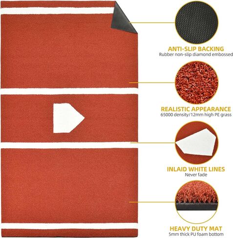 Shopsource Baseball Batting Mat, 6 x 4 FT Softball Hitting Mat, Upgraded Anti-Slip Matt with Stitched Embroidery Turf, Softball Baseball Training Matt with Home Plate Batters Box for Indoor Outdoor in Kuwait
