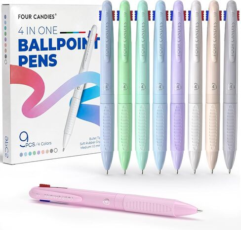 Four Candies Multicolor Pens, 4-in-1 Colored Pen, 9 Pack 1.0mm 4 Color Pens, Quick Dry Nurse Pens, Smooth Writing Colored Ink Pens, Comfort Grip & Macaron Office And School Supplies, Gifts For Women in Saudi Arabia