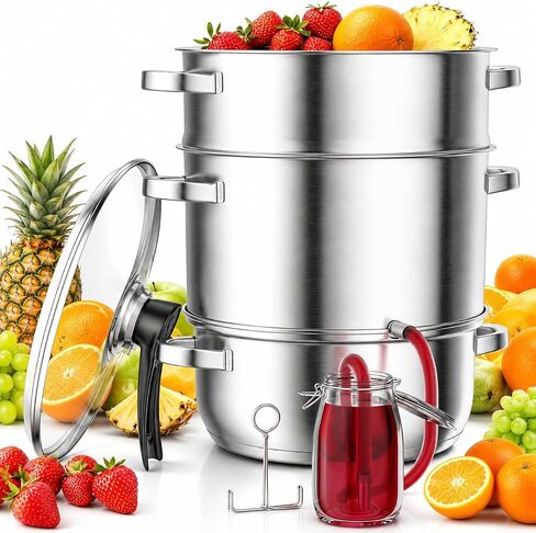 WantJoin مستخرج عصير البخار الفولاذ المقاوم للصدأ - 11QT عصارة بخار الخضروات الفاكهة لتعليب 3 طبقات مع غطاء زجاجي مقسى، خرطوم، عصارة باخرة المشبك لصنع العصير، هلام، شراب، فضي in Kuwait