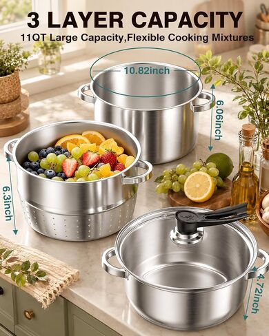 WantJoin مستخرج عصير البخار الفولاذ المقاوم للصدأ - 11QT عصارة بخار الخضروات الفاكهة لتعليب 3 طبقات مع غطاء زجاجي مقسى، خرطوم، عصارة باخرة المشبك لصنع العصير، هلام، شراب، فضي in Kuwait