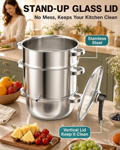 WantJoin مستخرج عصير البخار الفولاذ المقاوم للصدأ - 11QT عصارة بخار الخضروات الفاكهة لتعليب 3 طبقات مع غطاء زجاجي مقسى، خرطوم، عصارة باخرة المشبك لصنع العصير، هلام، شراب، فضي in Kuwait