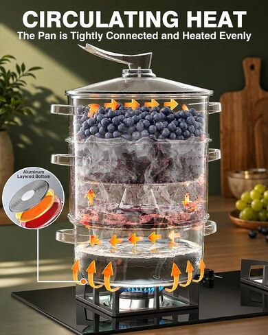 WantJoin مستخرج عصير البخار الفولاذ المقاوم للصدأ - 11QT عصارة بخار الخضروات الفاكهة لتعليب 3 طبقات مع غطاء زجاجي مقسى، خرطوم، عصارة باخرة المشبك لصنع العصير، هلام، شراب، فضي in Kuwait