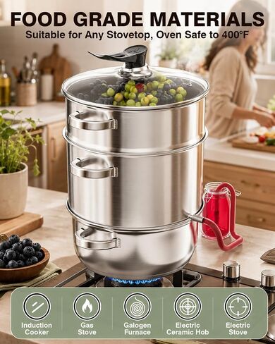 WantJoin مستخرج عصير البخار الفولاذ المقاوم للصدأ - 11QT عصارة بخار الخضروات الفاكهة لتعليب 3 طبقات مع غطاء زجاجي مقسى، خرطوم، عصارة باخرة المشبك لصنع العصير، هلام، شراب، فضي in Kuwait