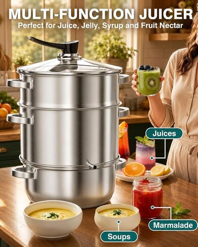 WantJoin مستخرج عصير البخار الفولاذ المقاوم للصدأ - 11QT عصارة بخار الخضروات الفاكهة لتعليب 3 طبقات مع غطاء زجاجي مقسى، خرطوم، عصارة باخرة المشبك لصنع العصير، هلام، شراب، فضي in Kuwait