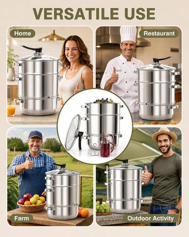 WantJoin مستخرج عصير البخار الفولاذ المقاوم للصدأ - 11QT عصارة بخار الخضروات الفاكهة لتعليب 3 طبقات مع غطاء زجاجي مقسى، خرطوم، عصارة باخرة المشبك لصنع العصير، هلام، شراب، فضي in Kuwait