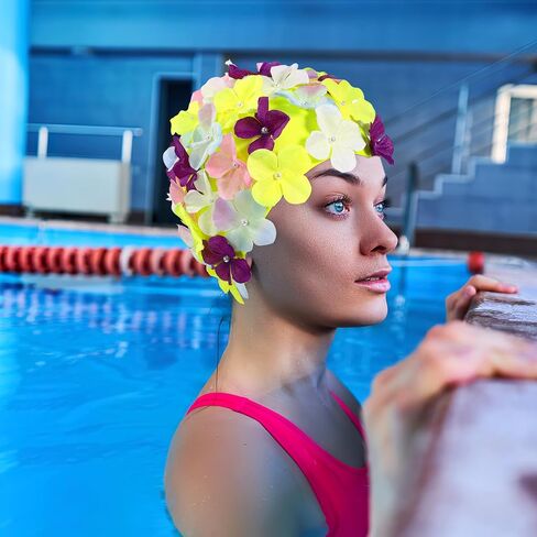 Hanabass Flower Swim Cap for Women Large Size Three-Dimensional Petal Design Reusable Nylon Swimming Hat Bathing Cap for Long Hair Comfortable Fit in Kuwait
