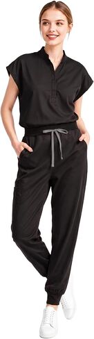 Scrubs for Women Set, Sleeveless Stand Collar Top & Jogger Pants | 8-Pocket Scrub Set with Soft Stretch Fabric, Secured Drawstring Waist, and Badge Loop for All-Day Comfort in Kuwait