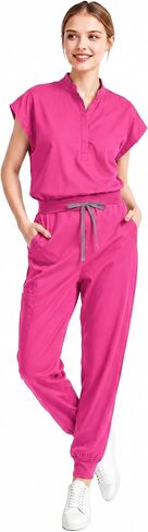 Scrubs for Women Set, Sleeveless Stand Collar Top & Jogger Pants | 8-Pocket Scrub Set with Soft Stretch Fabric, Secured Drawstring Waist, and Badge Loop for All-Day Comfort in Kuwait