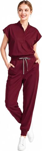 Scrubs for Women Set, Sleeveless Stand Collar Top & Jogger Pants | 8-Pocket Scrub Set with Soft Stretch Fabric, Secured Drawstring Waist, and Badge Loop for All-Day Comfort in Kuwait