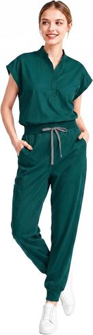 Scrubs for Women Set, Sleeveless Stand Collar Top & Jogger Pants | 8-Pocket Scrub Set with Soft Stretch Fabric, Secured Drawstring Waist, and Badge Loop for All-Day Comfort in Kuwait