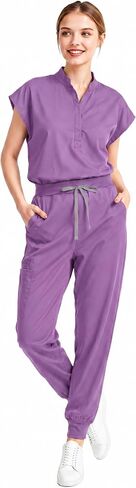 Scrubs for Women Set, Sleeveless Stand Collar Top & Jogger Pants | 8-Pocket Scrub Set with Soft Stretch Fabric, Secured Drawstring Waist, and Badge Loop for All-Day Comfort in Kuwait