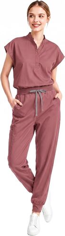 Scrubs for Women Set, Sleeveless Stand Collar Top & Jogger Pants | 8-Pocket Scrub Set with Soft Stretch Fabric, Secured Drawstring Waist, and Badge Loop for All-Day Comfort in Kuwait