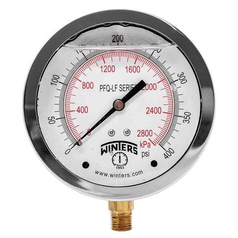 Winters 4" Dial Size, Liquid Filled Pressure Gauge, Potable Brass Internals, 304 Stainless Steel Case, Dual Scale 0-400 psi/kPa, 1.5% Acc, 1/4" NPT Bottom Mount, Drinking Water Pressure Gauge in Kuwait