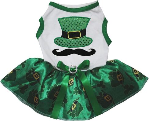 فستان Petitebella Green بقبعة عالية وشارب للكلاب الصغيرة (أبيض/قوس قزح البرسيم، X-Large) in Kuwait
