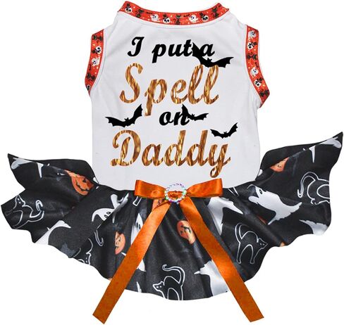 فستان Petitebella I Put A Spell On Daddy Puppy Dog (أبيض/هالوين، كبير) in Kuwait