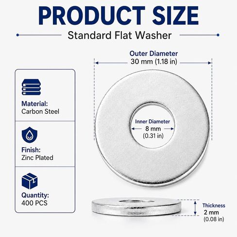 Acrux7 400PCS Steel Fender Flat Washers 5/16" x 1-1/5" Fender Washer, 2mm | Thick Heavy Duty Galvanized Carbon Steel Flat Washer Hardware for Screws and Bolts, Industrial & Home Use (M8 x 30mm) in Kuwait