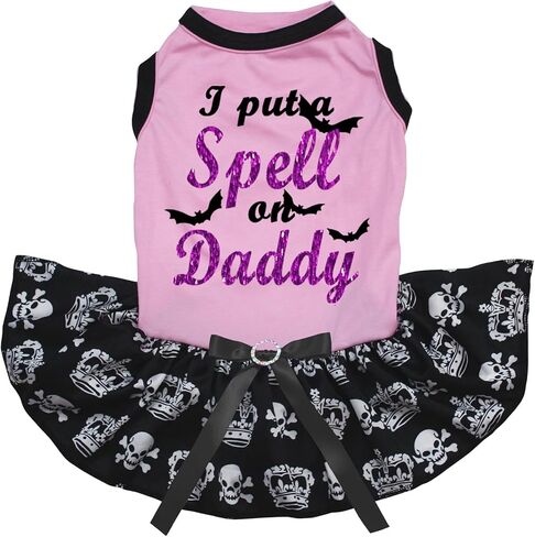 فستان Petitebella I Put A Spell On Daddy Puppy Dog (أبيض/هالوين، كبير) in Kuwait