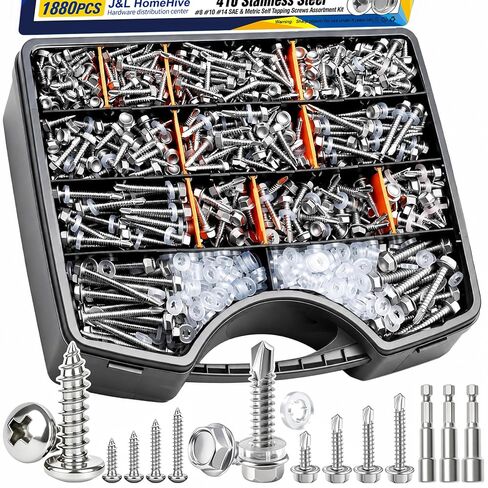 1880pcs Self Tapping Screws for Metal, 410 Stainless Steel Self Drilling Screws, #14#12#10#8 M2 M3 M4 Hex Washer Head and Phillips Pan Head Sheet Metal Screws Assortment Kit, Black in Kuwait