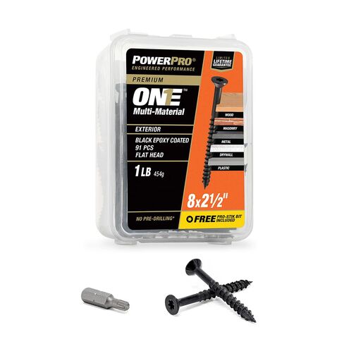 براغي Power Pro ONE مسطحة خارجية سوداء متعددة المواد (#8 × 2-1/2 بوصة) - 91 قطعة in Kuwait