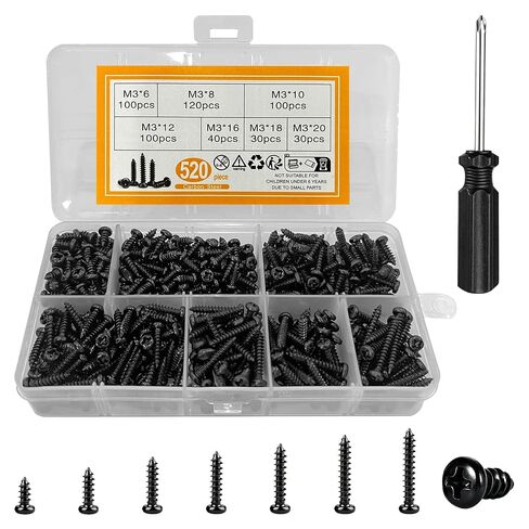 520Pcs M3 Self Tapping Screws Kit, Black Phillips Pan Head Self Tapping Wood Screws Assortment, Carbon Steel Small Screws Set for Wood, Plastic, Soft Metal, Furniture Repair & DIY Projects in Saudi Arabia