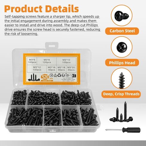 520Pcs M3 Self Tapping Screws Kit, Black Phillips Pan Head Self Tapping Wood Screws Assortment, Carbon Steel Small Screws Set for Wood, Plastic, Soft Metal, Furniture Repair & DIY Projects in Saudi Arabia