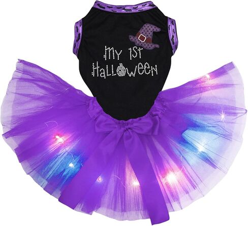 Petitebella Rhinestones My 1st Halloween Witch Puppy Dog Dress (Black/Purple LED, X-Small) in Kuwait