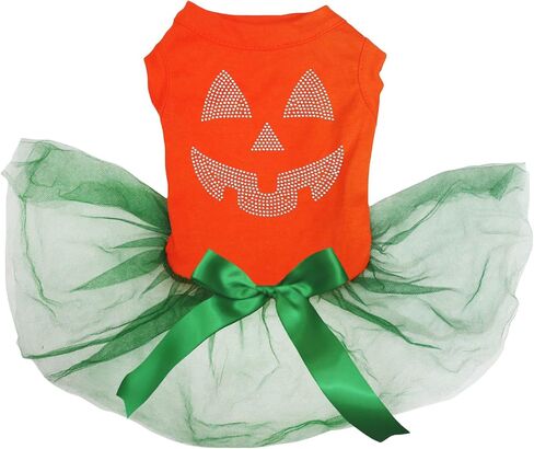 Petitebella Rhinestones Pumpkin Face Puppy Dog Dress (Orange/Green, X-Large) in Kuwait