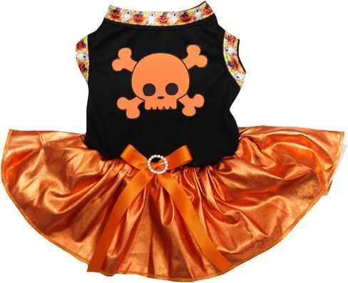Petitebella Orange Crossbone Face Puppy Dog Dress (White/Orange Sequins, X-Large) in Kuwait