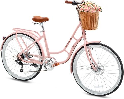 Beach Cruiser Bike for Women, 24 26 inch 7 Speed Commuter Bicycle, Womens Bicycle with Ratten Basket and Rack, High-Carbon Steel, Dual-Disc Brake, Step Through Adult Bicycle for Women, Multiple Colors in Kuwait