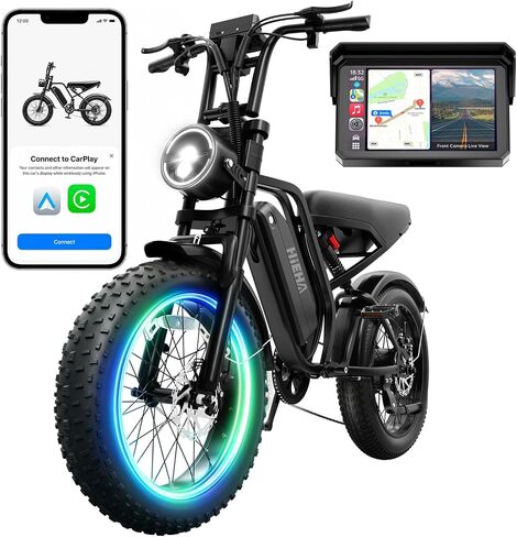 Electric Bike for Adults with Carplay & Android Auto, 1500W Peak 75 Miles 37MPH, 20" Fat Tire Ebike with 7-Speed, 48V Removable Battery, 1080P Front & Rear Dash Cam, Dual Suspension Electric Bicycle in Kuwait