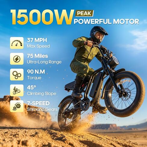 Electric Bike for Adults with Carplay & Android Auto, 1500W Peak 75 Miles 37MPH, 20" Fat Tire Ebike with 7-Speed, 48V Removable Battery, 1080P Front & Rear Dash Cam, Dual Suspension Electric Bicycle in Kuwait