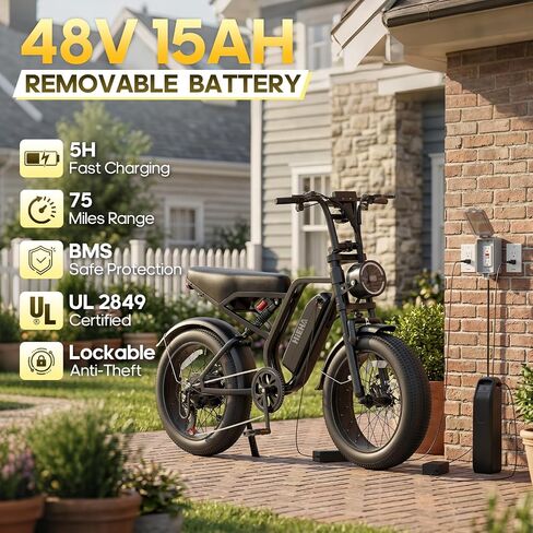 Electric Bike for Adults with Carplay & Android Auto, 1500W Peak 75 Miles 37MPH, 20" Fat Tire Ebike with 7-Speed, 48V Removable Battery, 1080P Front & Rear Dash Cam, Dual Suspension Electric Bicycle in Kuwait