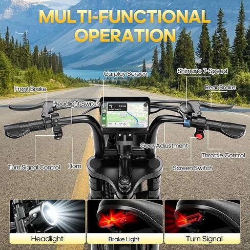 Electric Bike for Adults with Carplay & Android Auto, 1500W Peak 75 Miles 37MPH, 20" Fat Tire Ebike with 7-Speed, 48V Removable Battery, 1080P Front & Rear Dash Cam, Dual Suspension Electric Bicycle in Kuwait
