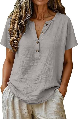 Linen Shirts for Women Half Button up V Neck Tee Shirt Short Sleeve Trendy Work Tops Summer Beach Vacation Boho Shirts in Kuwait